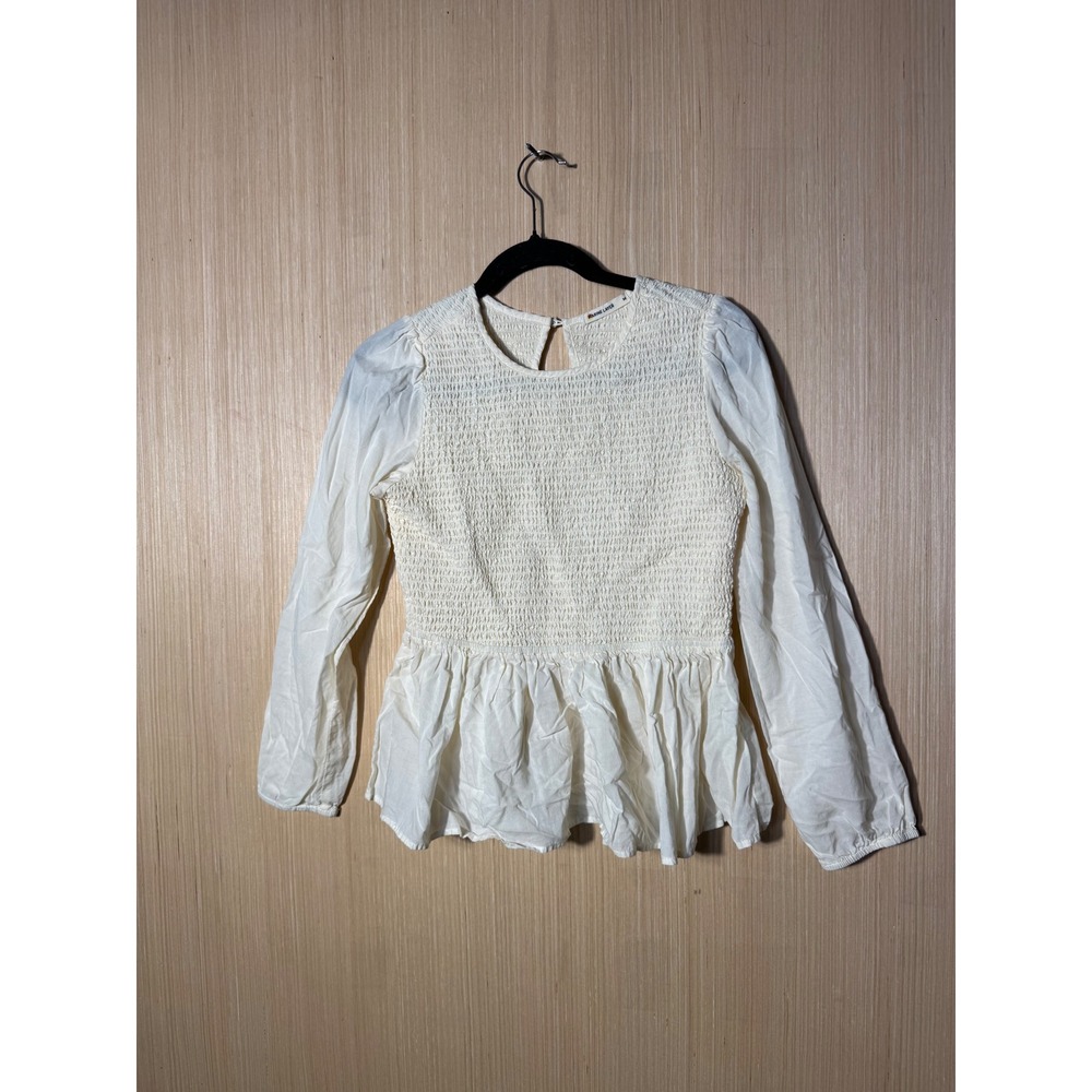 Marine Layer Smocked Peplum Top Cream Long Sleeve Cotton Lyocell Womens Medium